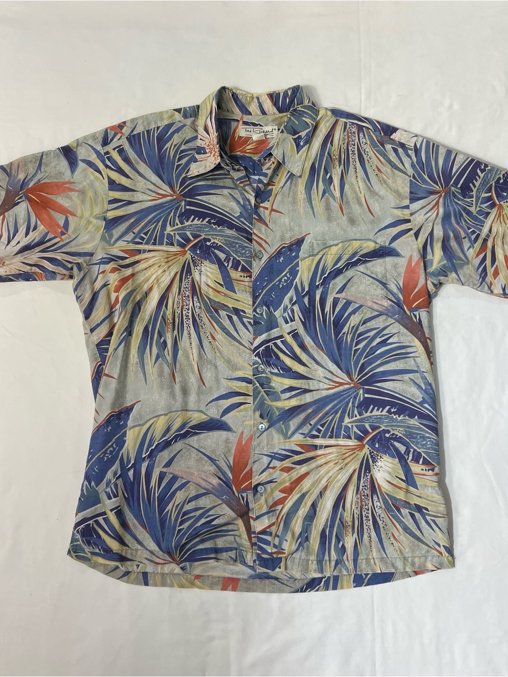 Tori Richard Blue & Gray Tropical Print Short-Sleeve Shirt with Orange Accents